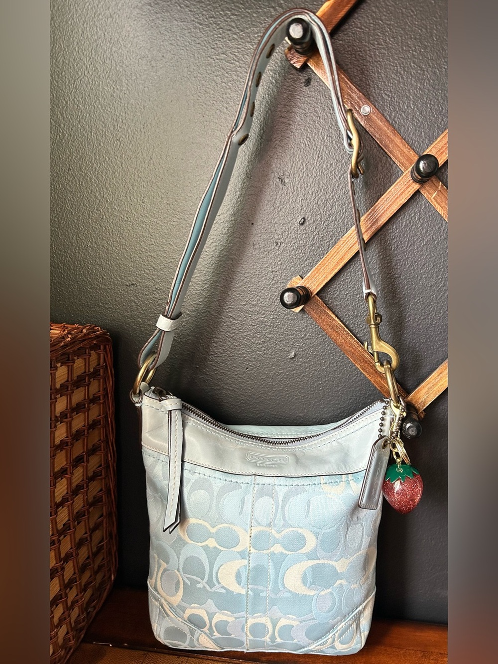 COACH Optic Signature light blue VINTAGE Canvas/Leather shoulder bag 2006
